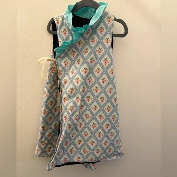 Kimono Girls Dress Navy Aqua Ruffle Vibrant Floral Reversible Adjustable Size 5 - Picture 7 of 8